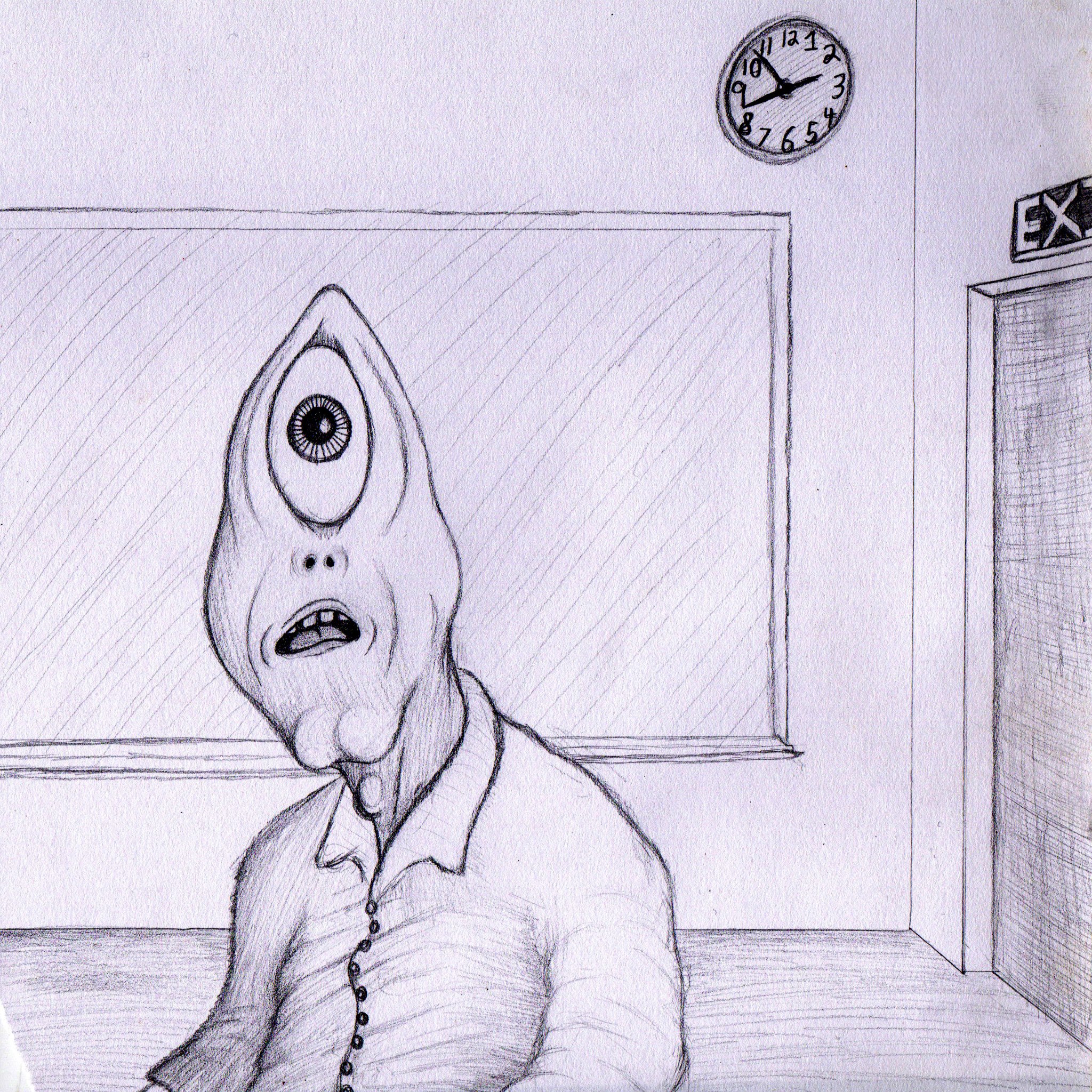 A cyclops alien, stares towards the view with a look of shock. He's in a room with a whiteboard in the background. To the side is a door with an "Exit" sign above it.