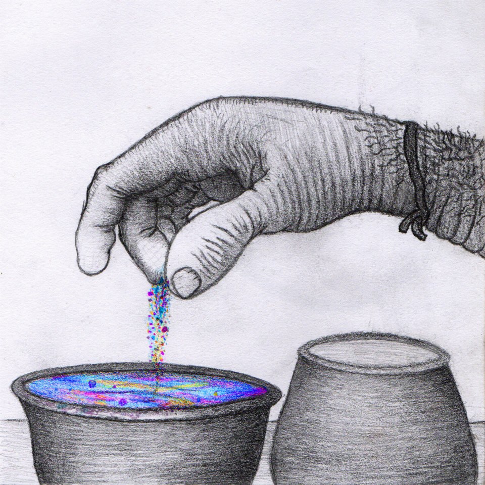 A black-and-white sketch of a hand sprinkling powder into a bowl of liquid. Both the powder and liquid are brightly colored.